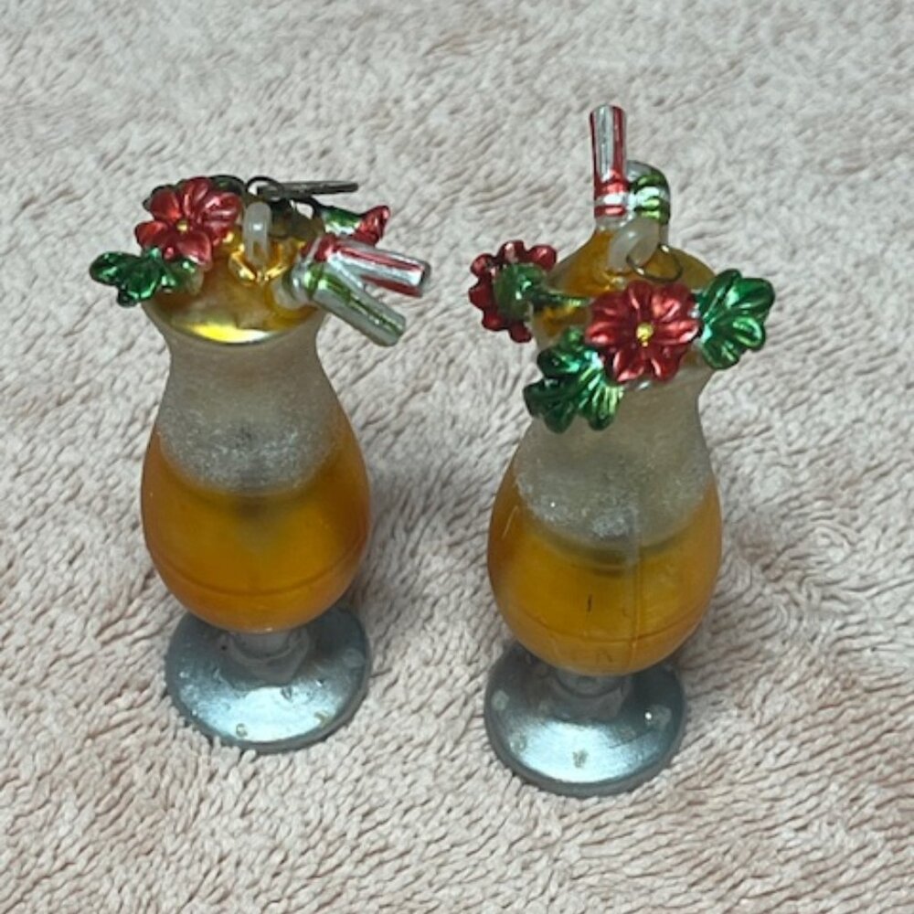Two Department 56 Christmas Hand Blown Glass Cocktail Themed Holiday Ornaments